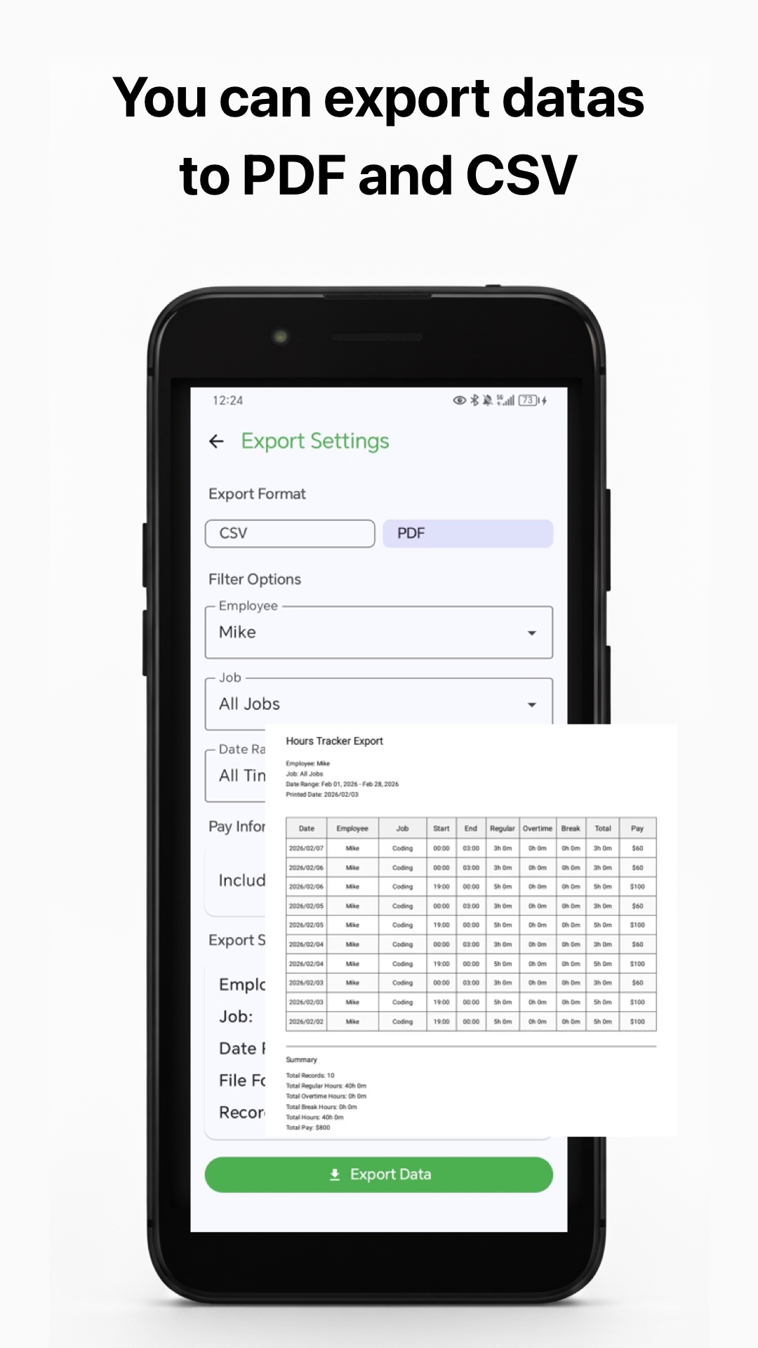 Work Log iPhone screen — One-tap export