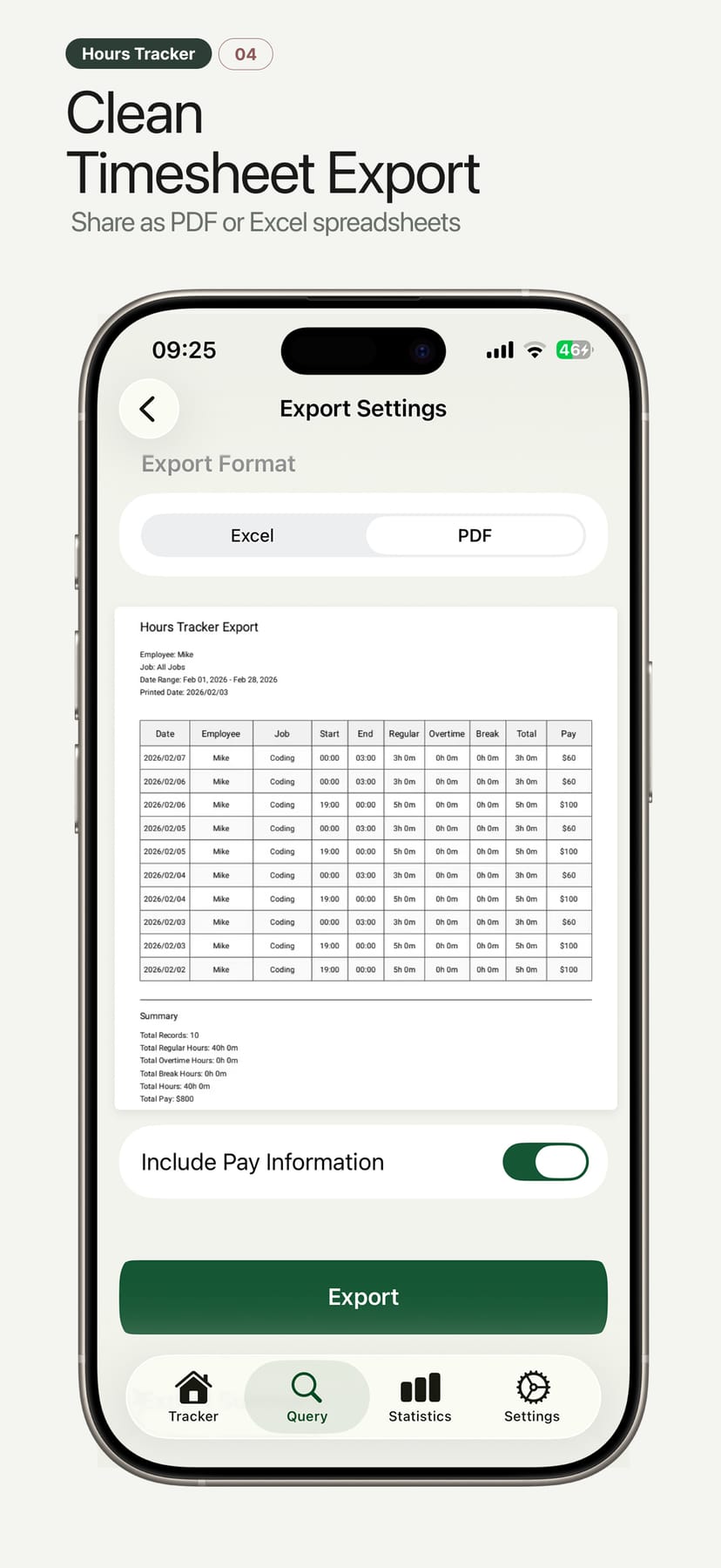 Hours Tracker iPhone screen — Clean Timesheet Export: Share as PDF or Excel spreadsheets