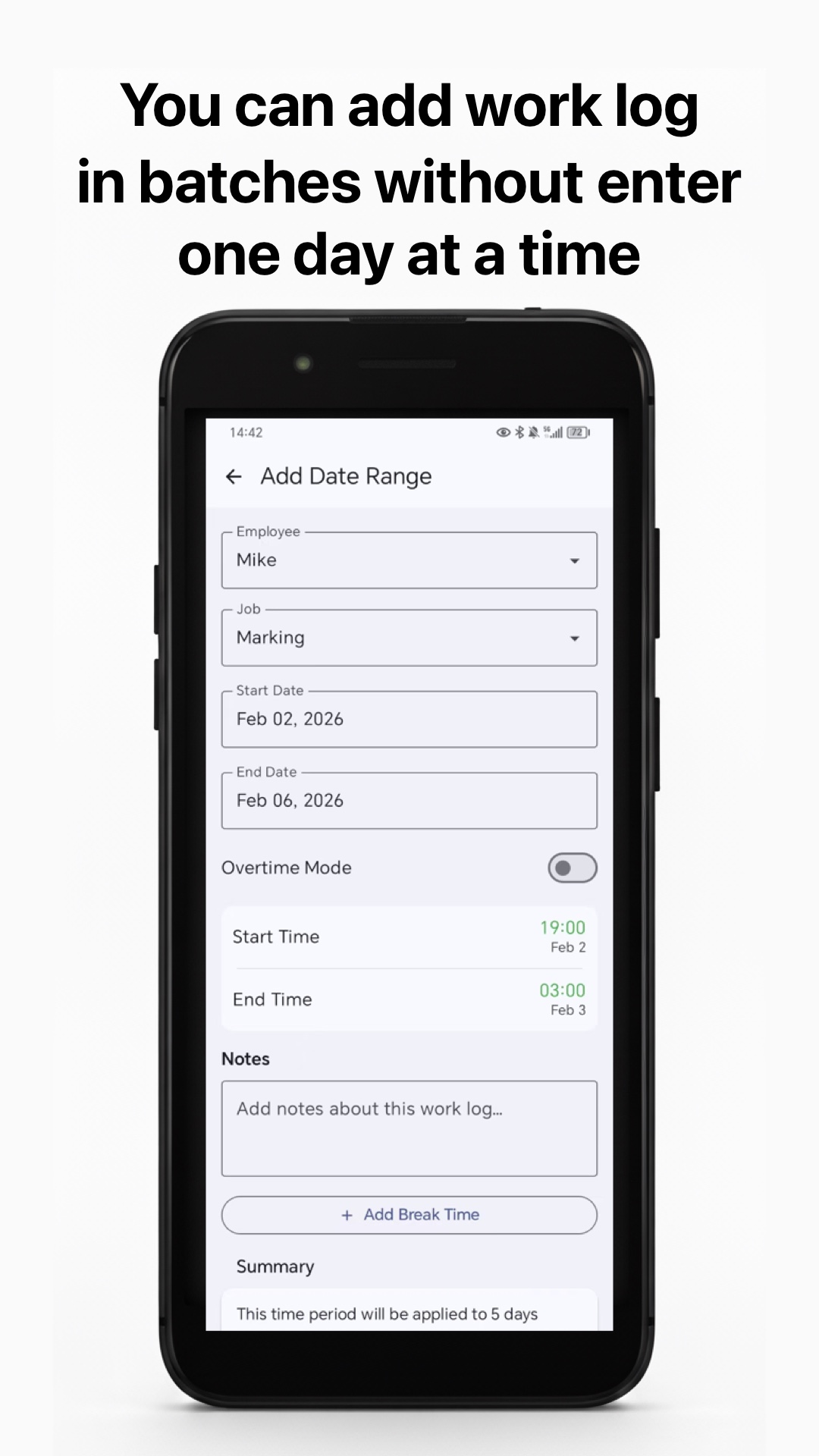 Work Log iPhone screen — Batch add work logs