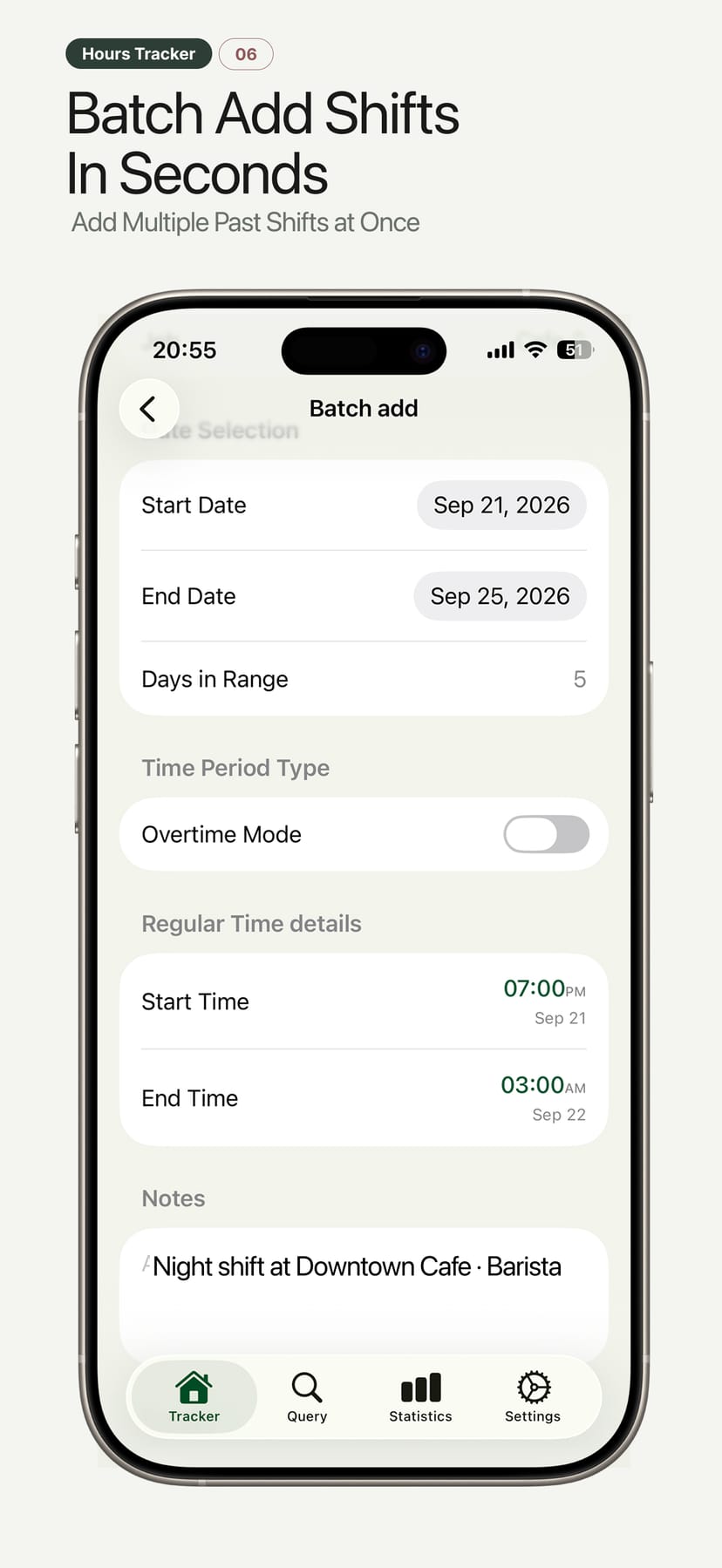 Hours Tracker iPhone screen — Batch Add Shifts In Seconds: Add Multiple Past Shifts at Once