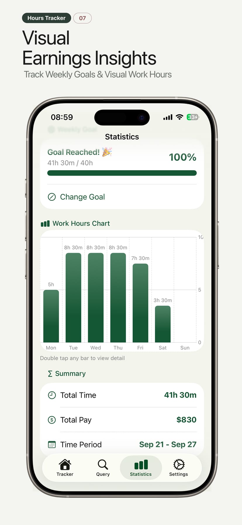 Hours Tracker iPhone screen — Visual Earnings Insights: Track Weekly Goals & Visual Work Hours