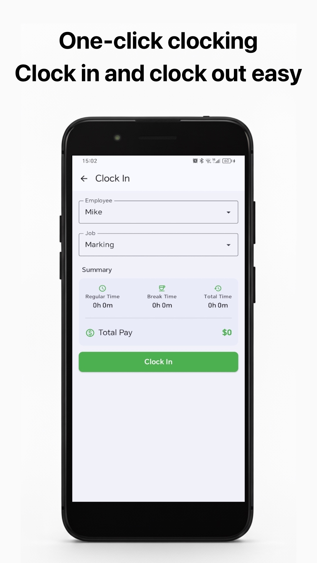 Work Log iPhone screen — Clock in / clock out